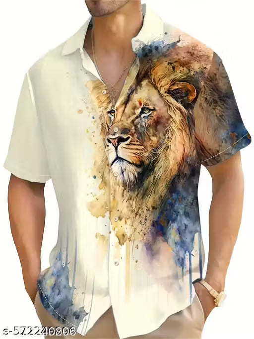 Men's Solid Lycra Printed Casual Shirt with Lion Artwork