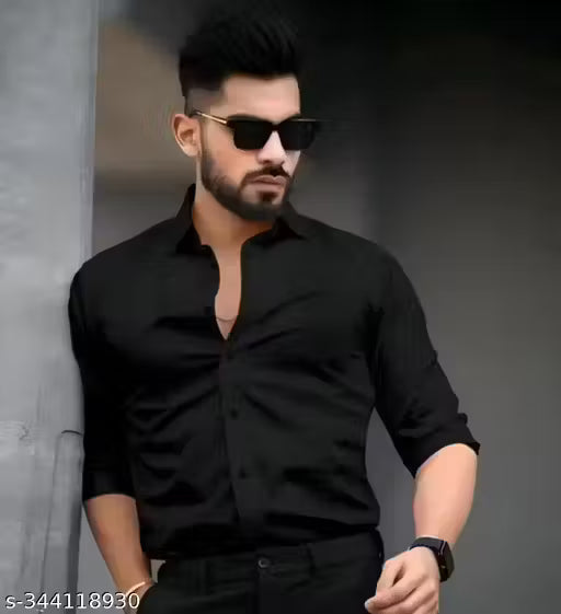 Banana Plug Men's Solid Regular Spread Collar Black Shirts