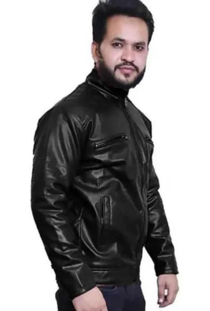 Men's Solid Rexine Leather Black Jacket