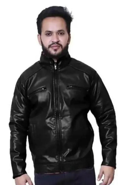 Men's Solid Rexine Leather Black Jacket