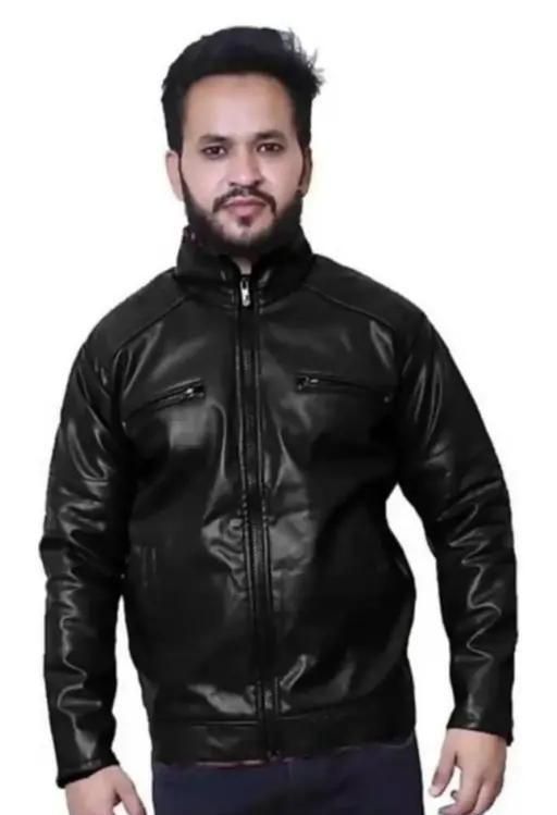 Men's Solid Rexine Leather Black Jacket