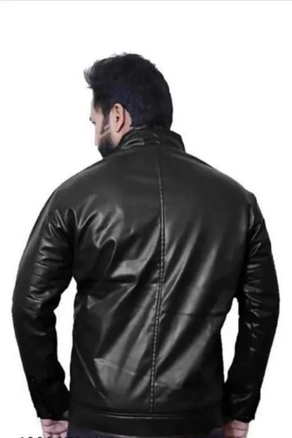 Men's Solid Rexine Leather Black Jacket