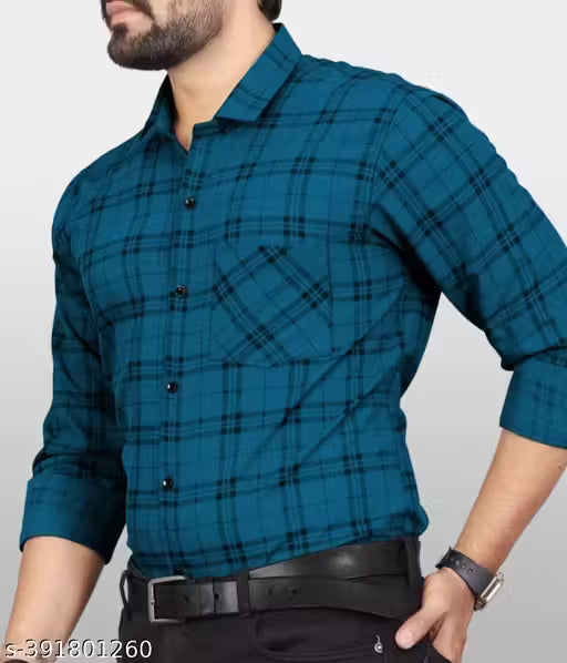 Fatty Mouse Men's Checked Spread Collar Blue Shirts