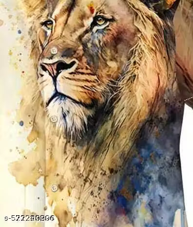 Men's Solid Lycra Printed Casual Shirt with Lion Artwork