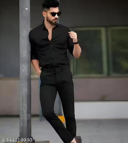 Banana Plug Men's Solid Regular Spread Collar Black Shirts